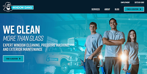 Three people in uniforms stand in front of a "Window Gang" truck. The text highlights services like window cleaning, gutter maintenance, and exterior upkeep, emphasizing their expertise in keeping your property pristine.