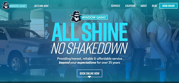 A group of people in uniform stand next to a branded vehicle in front of a blue background with the text "WINDOW GANG ALL SHINE NO SHAKEDOWN". Options to book online are visible.