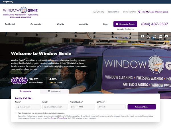 Screenshot of the Window Genie homepage highlighting stellar services like window cleaning, pressure washing, and gutter cleaning. Features a convenient contact form and glowing customer reviews—one of the best websites for comprehensive home maintenance solutions!.