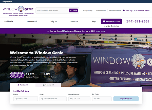 Screenshot of the Window Genie website homepage featuring services like window cleaning, pressure washing, and more. Includes customer review stats, contact info, a services menu, and a quote request form.