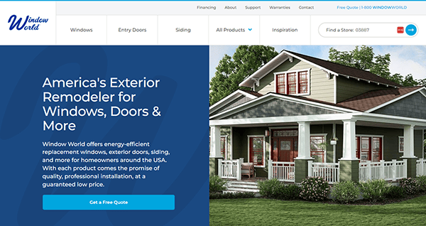 Screenshot of Window World website homepage showing a promotional image of a house and text about their services for windows, doors, and siding. An option to get a free quote is prominently displayed.