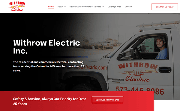 Screenshot of Withrow Electric Inc. website showing a smiling worker sitting in a company truck. Banner text states the company serves the Columbia, MO area with residential and commercial electrical services.