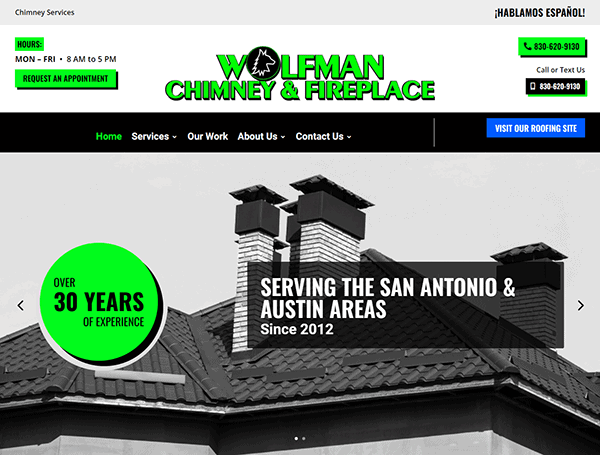 Screenshot of Wolfman Chimney & Fireplace website showing services, contact details, and operating hours. The tagline highlights over 30 years of experience and service in San Antonio and Austin areas since 2012.