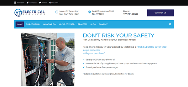 A man in white uniform works on electrical equipment in an outdoor cabinet on a webpage for VT Electrical Services. The webpage includes contact information, services offered, and operating hours.