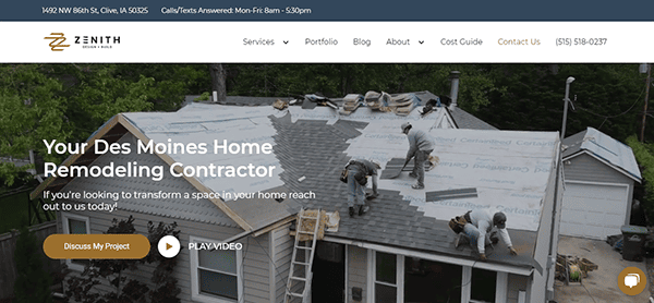 Roofing contractors work on the roof of a two-story house. The webpage indicates they specialize in home remodeling in Des Moines. Contact details and navigation options are visible at the top of the page.