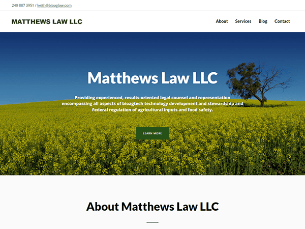 Screenshot of Matthews Law LLC website homepage. Shows a header with contact information, navigation menu, and a welcome section with a field of yellow flowers background.