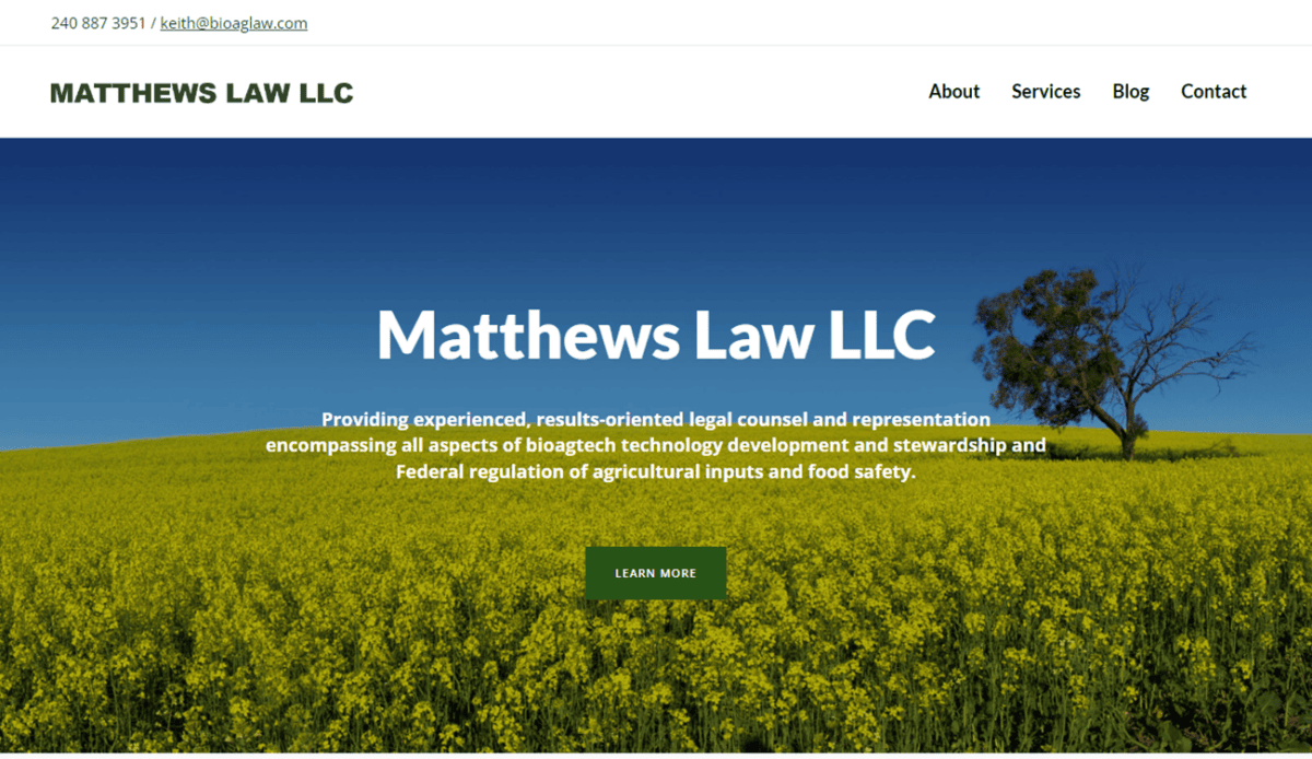 Screenshot of a law firm's website homepage with sections on legal services, contact information, and firm background. The law firm's name, phone number, and email address are prominently displayed.