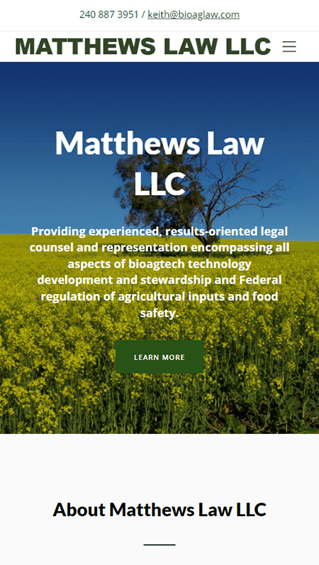 A screenshot of Matthews Law LLC's website featuring the firm's name, services, contact details, and images of crops, a handshake, and seedlings. The firm offers agricultural legal services.