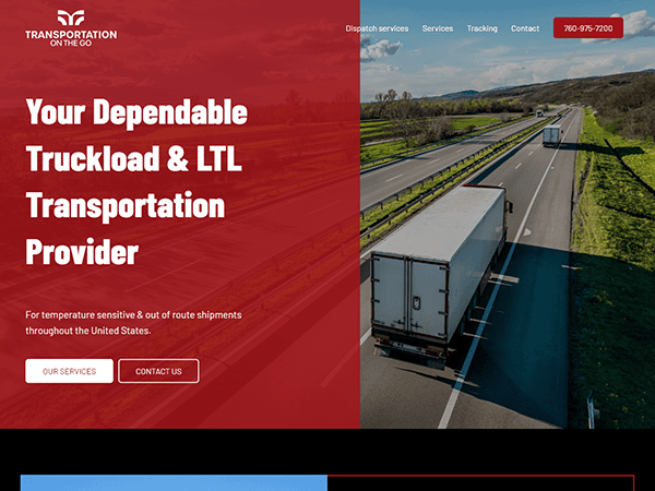 Website homepage showcasing a transportation company with two trucks on a highway. The text highlights services for truckload and LTL transportation, emphasizing reliability and temperature-sensitive shipments.