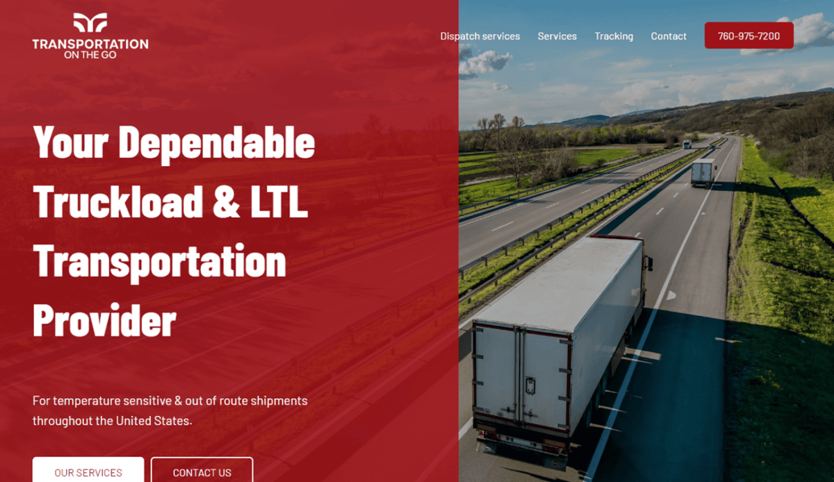 Transportation service website with images of a truck, a driver using a tablet, and service information, highlighting their expertise in truckload and LTL shipments.