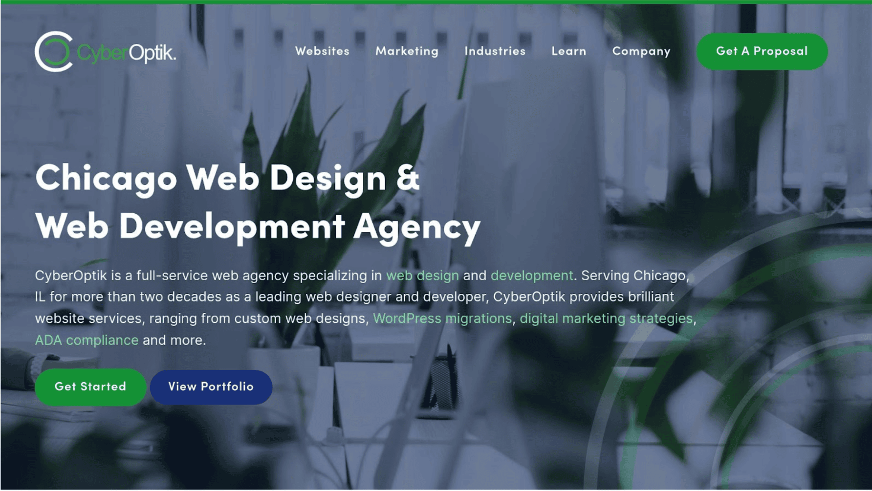 Website screenshot for CyberOptik, a Chicago web design and development agency. Showcases services like custom web design, WordPress migrations, and digital marketing strategies. Features green action buttons, expert reviews of PPC reporting tools, and advanced analytics solutions.