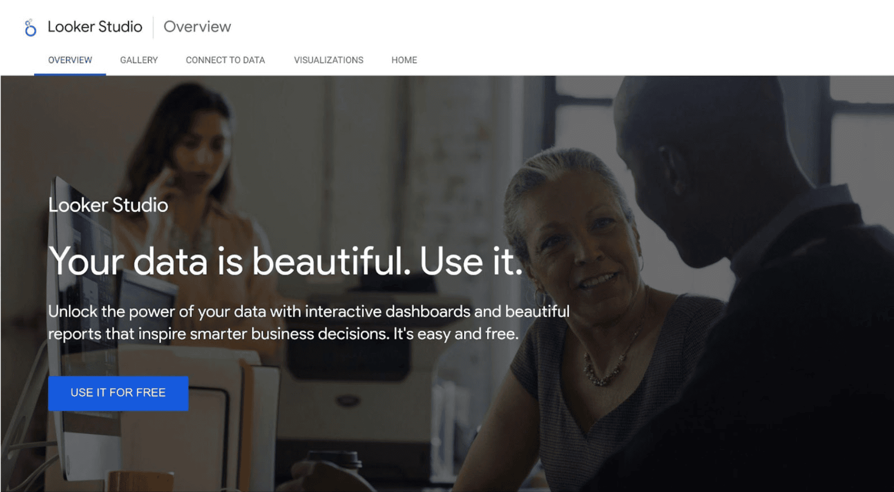 Looker Studio webpage with the text: "Your data is beautiful. Use it." Two people are conversing in the background, exploring expert review insights and analytics solutions.