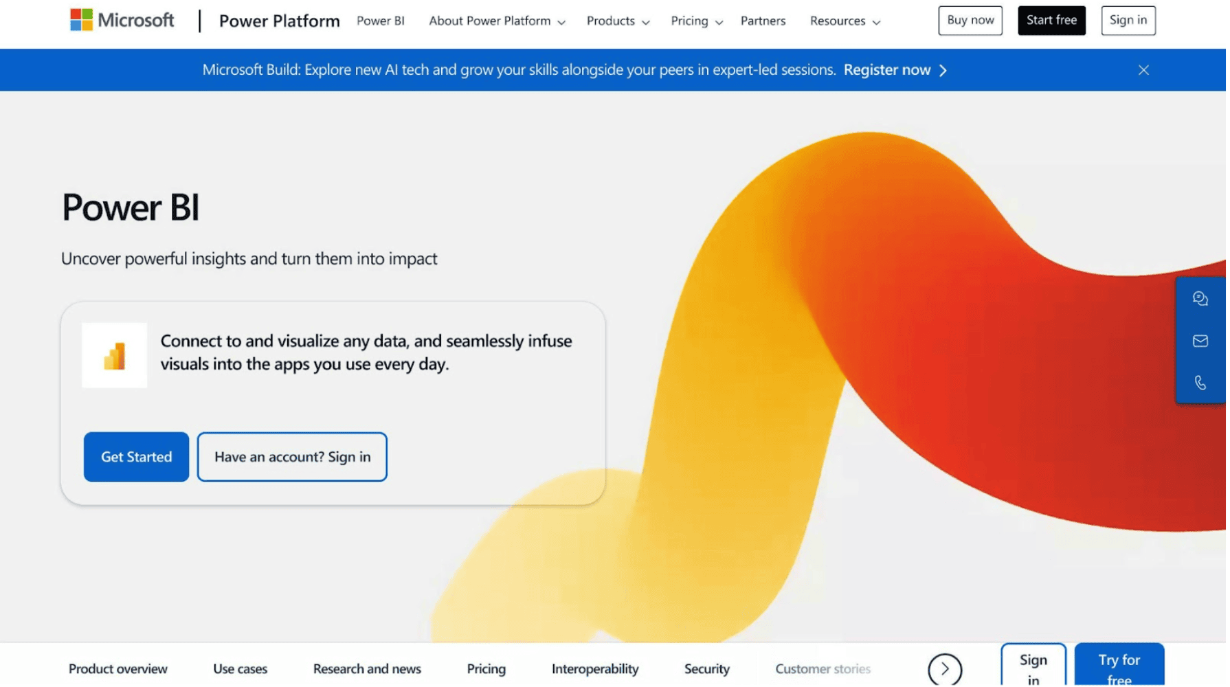 Screenshot of the Microsoft Power BI webpage featuring a banner with abstract shapes and buttons for "Get Started" and "Sign in." Highlighting its role in advanced analytics solutions, the page invites users to dive into robust tools that enhance data-driven decisions.