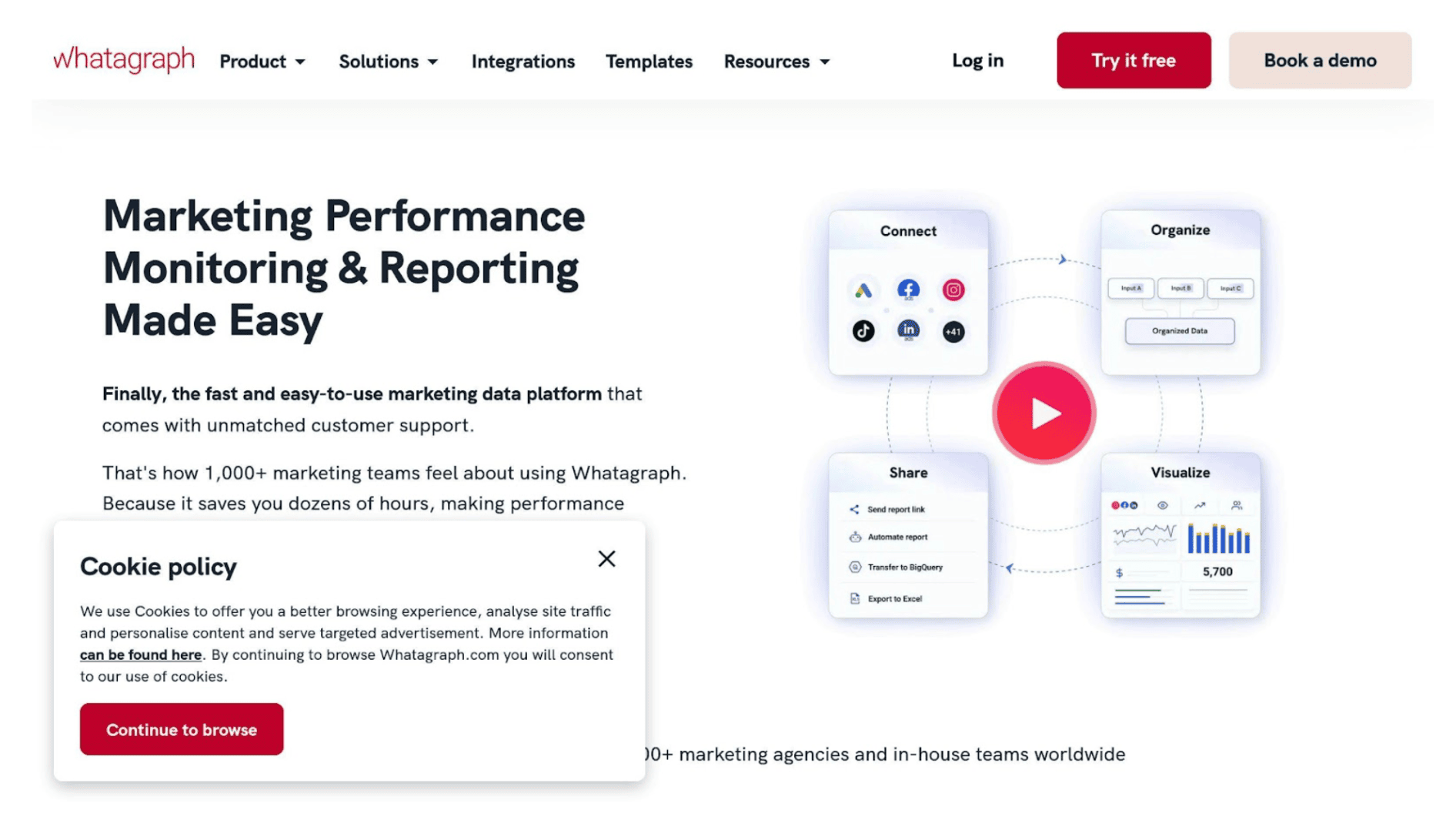 Screenshot of a Whatagraph webpage featuring PPC reporting tools and marketing performance monitoring solutions, complete with flowchart graphics, a red play button, and a cookie consent message at the bottom.