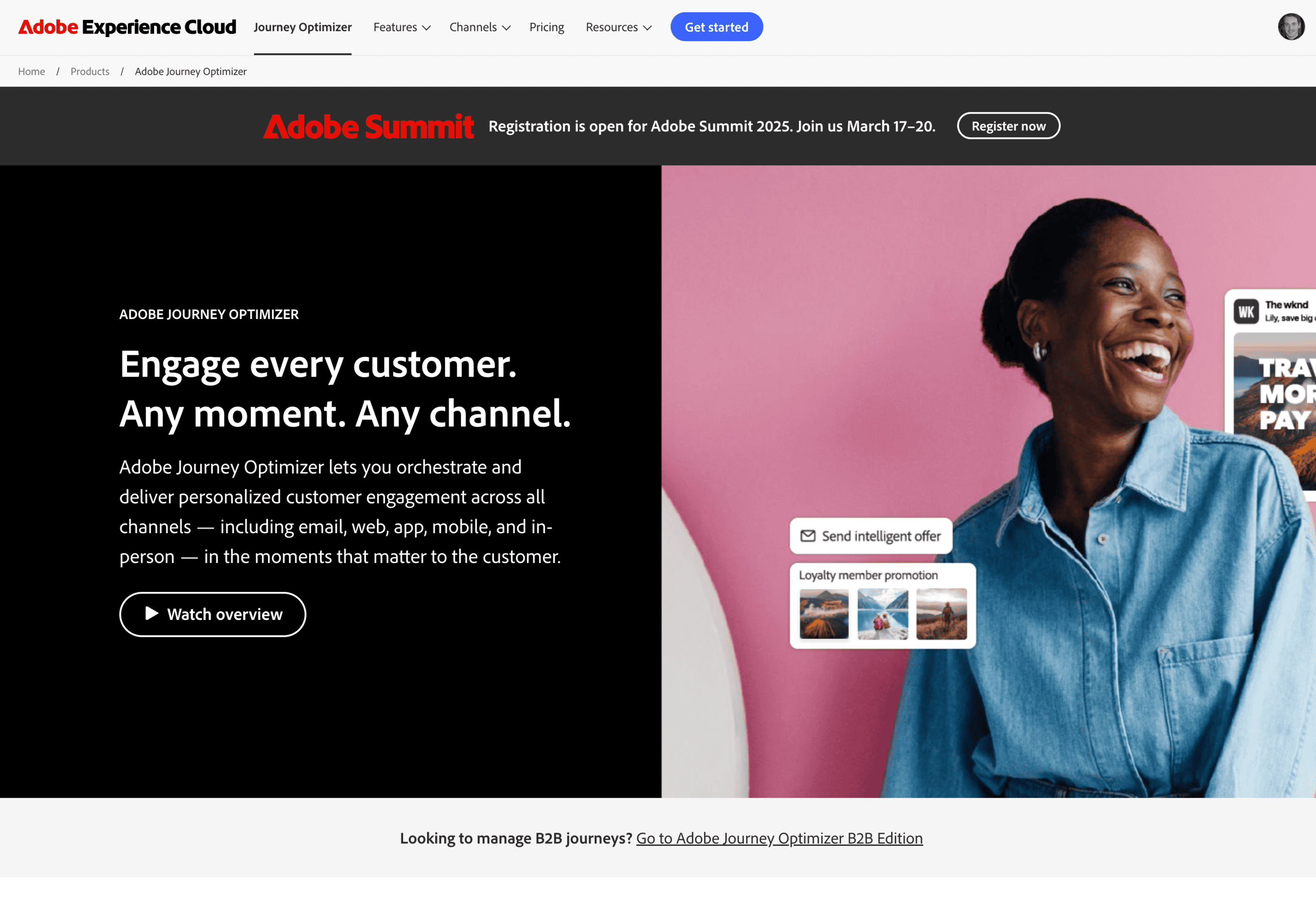 Screenshot of Adobe Experience Cloud website showcasing Adobe Journey Optimizer with a woman smiling. A text overlay emphasizes effective copywriting for enhancing engagement and personalized customer experience across channels.