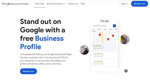 Screenshot of Google Business Profile page showcasing features like free business listings, personalization with photos, offers, and more to attract new customers. Perfect for therapists looking to enhance their visibility through refined SEO strategies in Google Search and Maps.