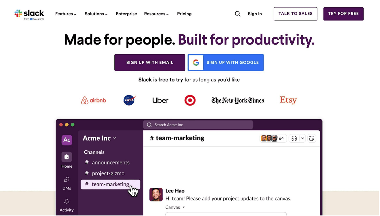 Screenshot of a Slack webpage showcases effective copywriting with sign-in options, company logos, and a Slack workspace interface featuring a "team-marketing" channel message from Lee Hao. Perfectly tailored for seamless business communication.