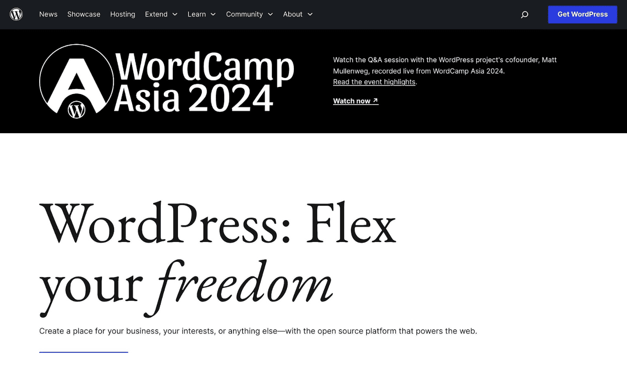 Screenshot of a WordPress webpage promoting WordCamp Asia 2024, highlighting the platform's flexibility and freedom for creating websites. Discover how effective copywriting can enhance your business communication, making WordPress the go-to choice for B2B copywriting needs.