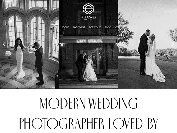 Black and white collage of a couple on their wedding day, featuring architectural elements and outdoor scenery. Text reads "Modern Wedding Photographer Loved By City Savvy Imaging in Chicago.