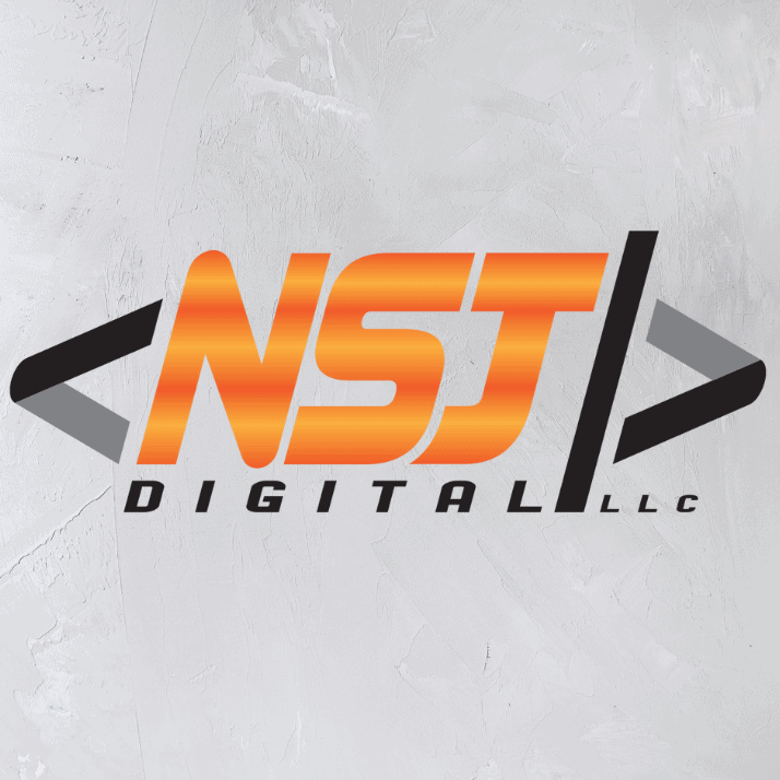 The orange and black "NST Digital LLC" logo, featuring angular brackets, stands out against a textured gray background, embodying the dynamism of a modern WordPress Agency.