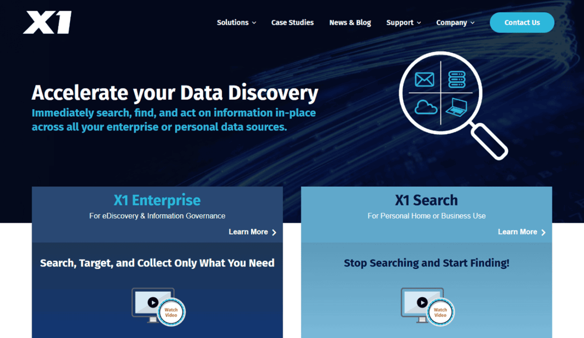 Screenshot of the X1 Discovery website highlighting data discovery solutions, use cases, testimonials, customer logos, news, and events—with a footer containing contact information and a newsletter sign-up.