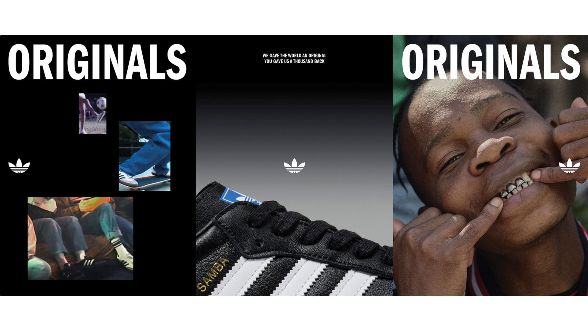 Advertisement featuring the iconic Adidas Originals logo and slogan, showcasing striking images of people wearing Adidas shoes. Highlighted by a close-up of a black Adidas Samba shoe, this campaign serves as one of the prime advertising examples, capturing moments like a person smiling with grillz.