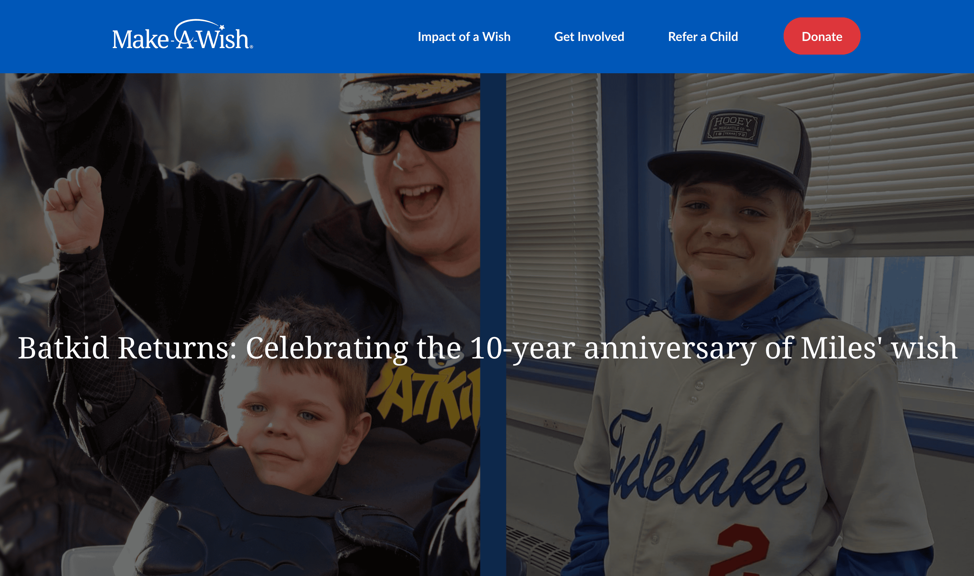 A child in a Batman suit with an adult in costume, and another child in a Tulelake baseball jersey. Text on image: "Batkid Returns: Celebrating the 10-year anniversary of Miles' wish." A testament to Effective Campaigns that capture hearts and go viral on Social Media Advertising platforms.