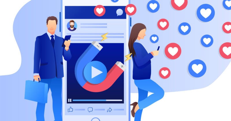 An illustration depicts a man and woman using smartphones near a large phone with a magnet attracting hearts, symbolizing social media engagement and interaction through strategic targeting. Ideal for understanding how Facebook Ads can effectively reach your target audience.