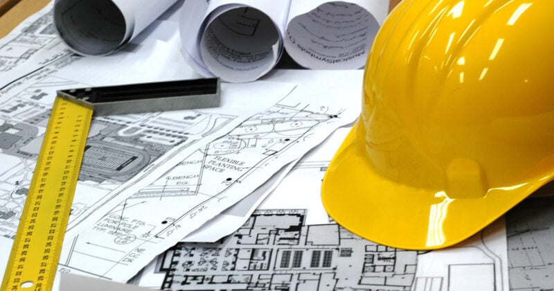 On the table lies a yellow hard hat, blueprints, and measuring tools, essentials for HVAC projects.