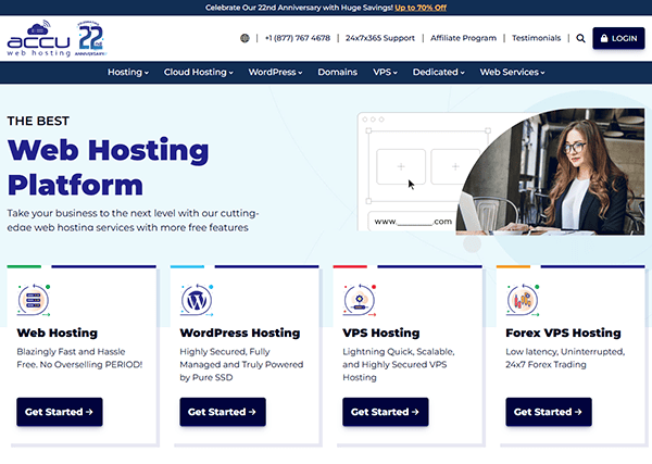 Web hosting platform website featuring sections for different hosting services: Web, WordPress Hosting, VPS, and Forex. Discover the best options with detailed features and "Get Started" buttons to guide you effortlessly.