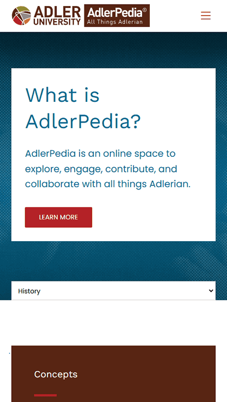 Screenshot of the Adlerpedia website homepage, featuring sections on concepts, practice areas, and Adlerian resources, with navigation links and contact information at the bottom.