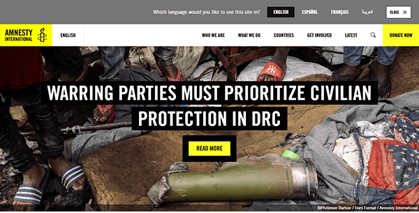 Amnesty International's charity webpage delivers a powerful message: "Warring Parties Must Prioritize Civilian Protection in DRC." The background image of scattered personal belongings and debris emphasizes the urgency, making it a standout among the best charity websites.