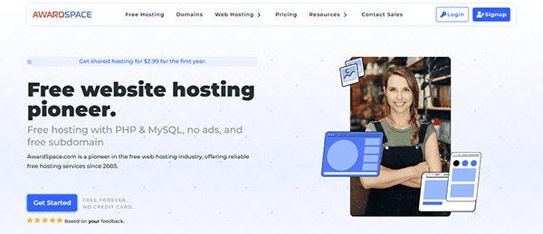 Website screenshot of AwardSpace promoting free website hosting, showcasing a smiling person in overalls. Features include PHP & MySQL support, no ads, and free subdomains—making it one of the best options for WordPress hosting. Buttons for "Get Started" and "Sign up" are visible.