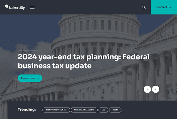 Website homepage featuring a headline "2024 year-end tax planning: Federal business tax update," complemented by an image of a government building. The sleek navigation menu enhances the professionalism seen in the best accounting firm websites, positioning it as a go-to resource for Accounting Firms.