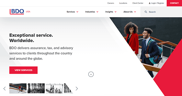 Screenshot of BDO USA's Accounting Firm Website homepage featuring a banner with two people walking, text about service offerings, and navigation menu for services and industries.