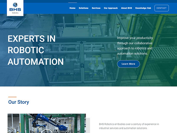 Website homepage for BHS Robotics, featuring robotic automation equipment and a call to action to learn more about productivity solutions.