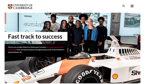 A group of people stand behind a race car indoors. Text reads: "Fast track to success." A brief description about a scholarship from the Royal Academy of Engineering and a charity is included, which can also be explored on the best college websites for aspiring engineers.