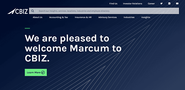 CBIZ webpage with text: "We are pleased to welcome Marcum to our accounting firm family." A navigation menu is at the top, and a "Learn More" button is at the bottom.