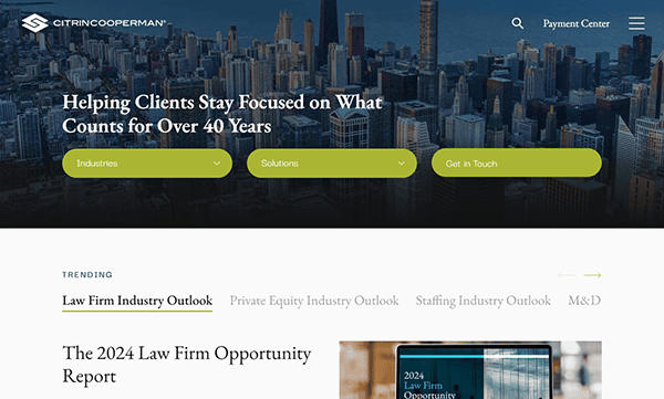 Website homepage with a city skyline background. Text reads: "Helping Clients Stay Focused on What Counts for Over 40 Years." Sections include "Industries" and "Solutions," tailored for accounting firms. Featured report on law firms.