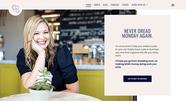 A female entrepreneur smiles while seated at a table with a plant. Text beside her reads, "Never dread Monday again," promoting career planning services for aspiring entrepreneurs.