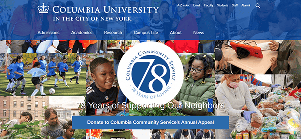 Collage of Columbia University community service activities, with the text: "78 Years of Supporting Our Neighbors." Features a donation button for the annual appeal, showcasing why we stand out among the best college websites.