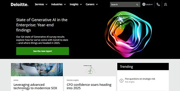 The Deloitte webpage, one of the best accounting firm websites, features articles on generative AI and CFO confidence in 2025, complemented by a colorful abstract graphic. The trending section delves into strategic risk and board practices, offering a wealth of insights for financial leaders.