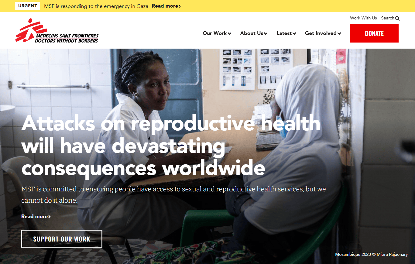 A healthcare worker talks to a patient in an examination room, emphasizing the global impact of attacks on reproductive health. The MSF logo and donation prompt are visible, urging support through top charity sites to make a difference.