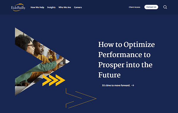 Website homepage with text: "How to Optimize Performance to Prosper into the Future." Three people are visible in a geometric shape, reflecting best practices found on top accounting firm websites. Navigation menu at the top.