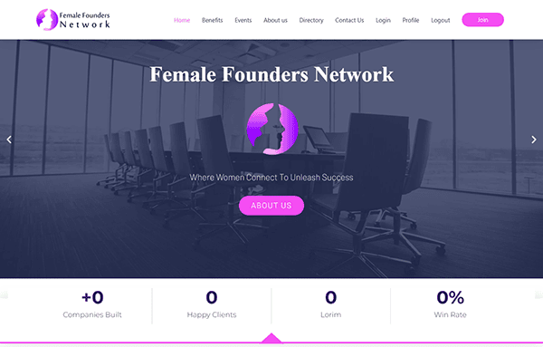 The homepage of the Female Founders Network showcases a sleek silhouette logo and a user-friendly navigation menu. Explore our world by clicking the central "About Us" button. The backdrop, featuring a conference room with a long table and chairs, inspires female entrepreneurs to connect and thrive.