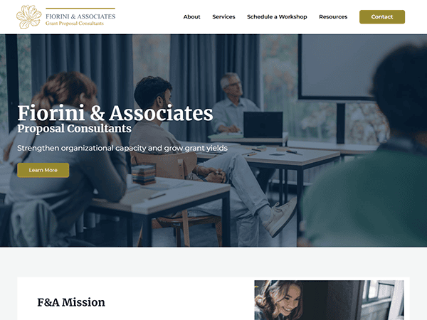 Office setting with people in a meeting room. The text reads "Fiorini & Associates Proposal Consultants" with navigation links and a yellow "Learn More" button.