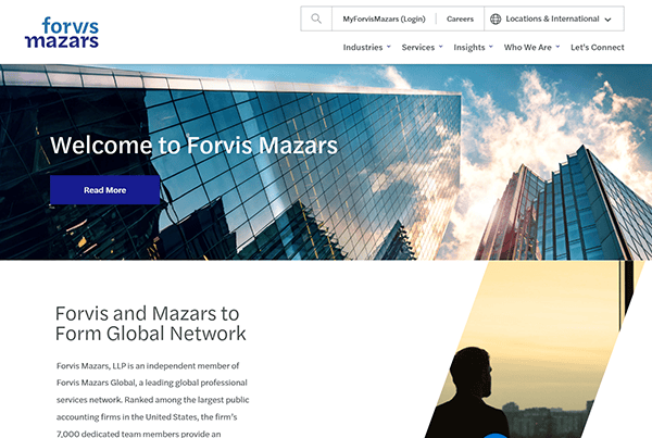 The Forvis Mazars homepage elegantly showcases a cityscape with towering skyscrapers, embodying its reputation as one of the best accounting firm websites, complete with a warm welcome message.