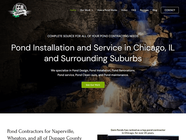 Screenshot of a pond installation company's website homepage, featuring details about their services in Chicago and surrounding suburbs with a “See Our Work” button.