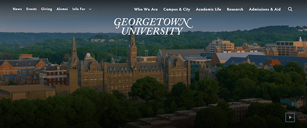 A stunning aerial view of Georgetown University captures the campus's elegance, with "Georgetown University" prominently displayed. Experience its charm and explore one of the best college websites for a deeper dive into its vibrant academic life.