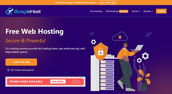 GoogieHost homepage offers free web hosting, including free WordPress hosting, with highlights such as fast loading, security, no credit card required, and a "Start for Free" button. Promo codes and login options are visible to enhance your SEO keywords strategy..